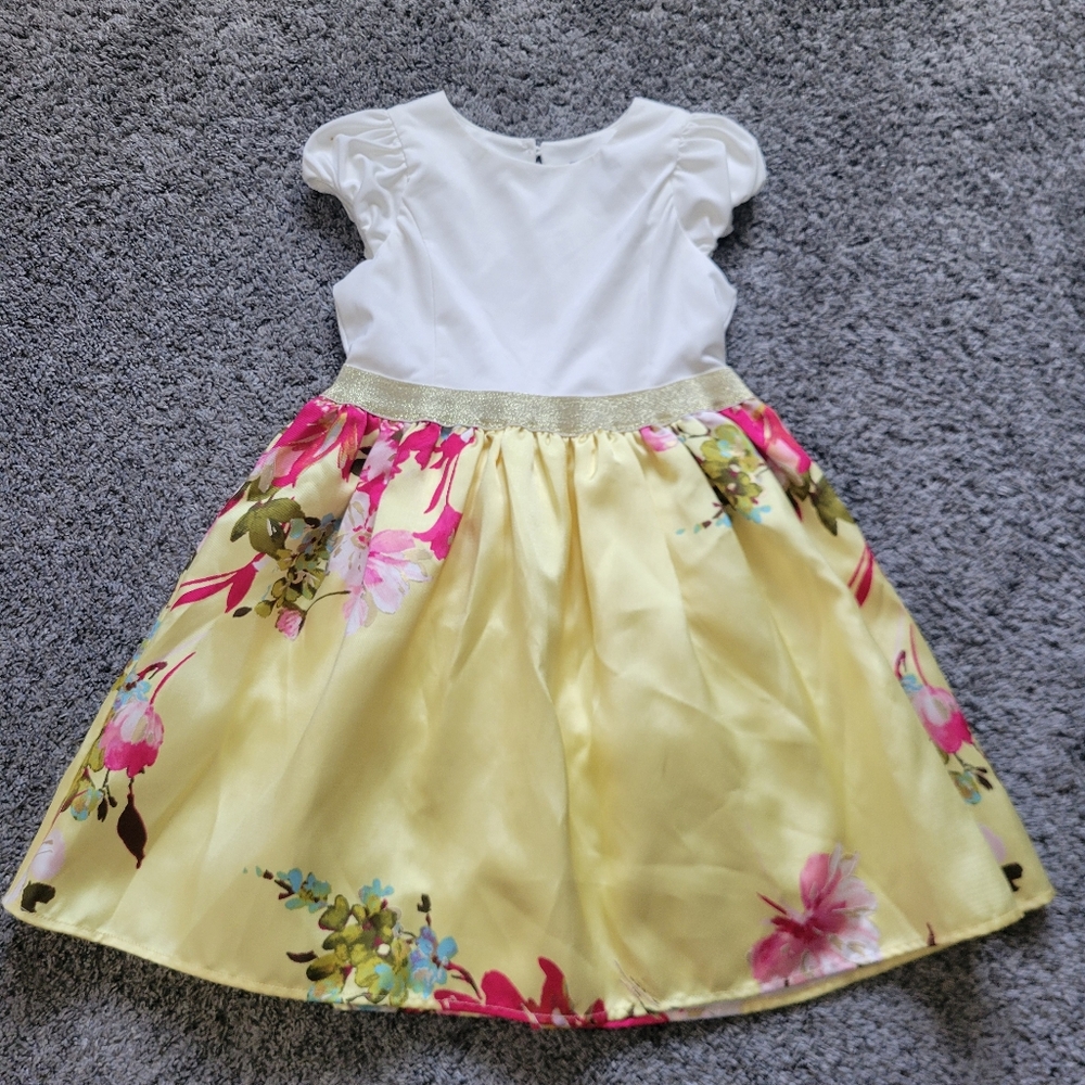 Girls Zunie White Top Yellow Floral Skirt Dress with Gold Waistband Size 8